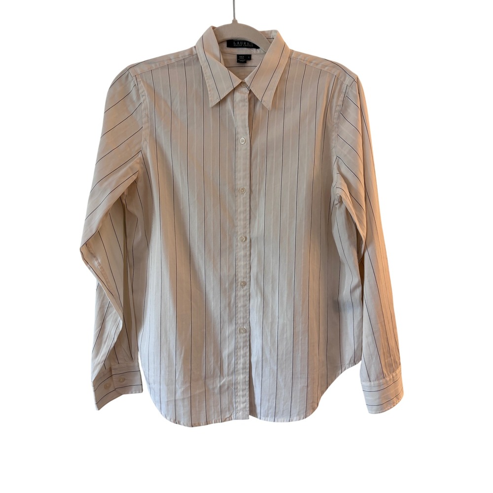 Lauren Ralph Lauren Pinstripe Button Down Shirt Cream Blue Cotton Womens Small‎